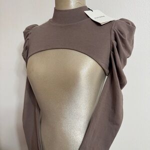 CUYANA sz XS French Terry Puff Sleevlette Pullover "Shrug" Top in Mushroom